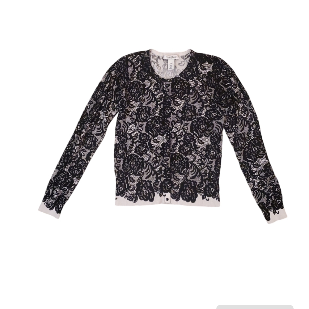 White House Black Market White Black Floral Snap Button Front Knit Sweater XS